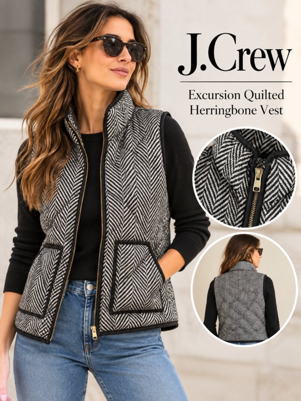 J.Crew Excursion Quilted Herringbone Vest with Contrast Trim